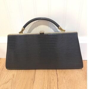 Vintage 50s MCM Dover Black Faux Lizard Leather Purse Gold Tone Frame Handbag